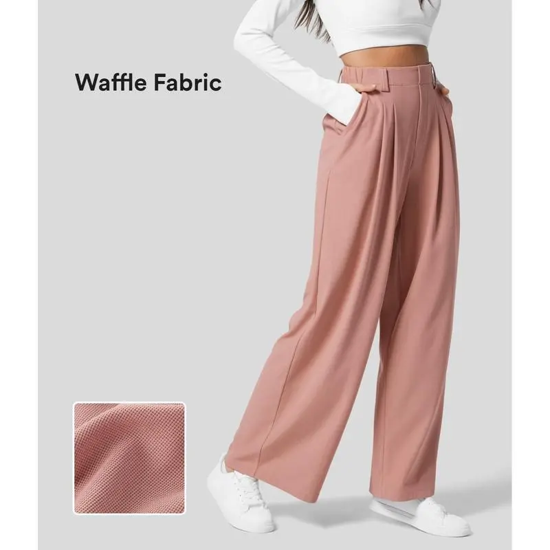 High Waisted Plicated Side Pocket Wide Waffle Work Pants