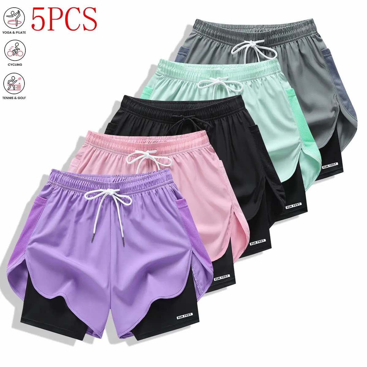 Pack of 5 women’s casual athletic shorts, solid color, faux two-piece design with built-in liner, elastic drawstring waistband, suitable for outdoor fitness, running, sports, and casual wear; women’s shorts