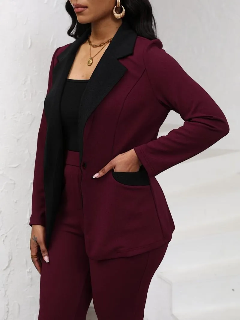 Women's Colorblock Blazer & Straight Leg Pants Set, Elegant Two-piece Set for Work Office Business, Ladies' Suits for All Seasons