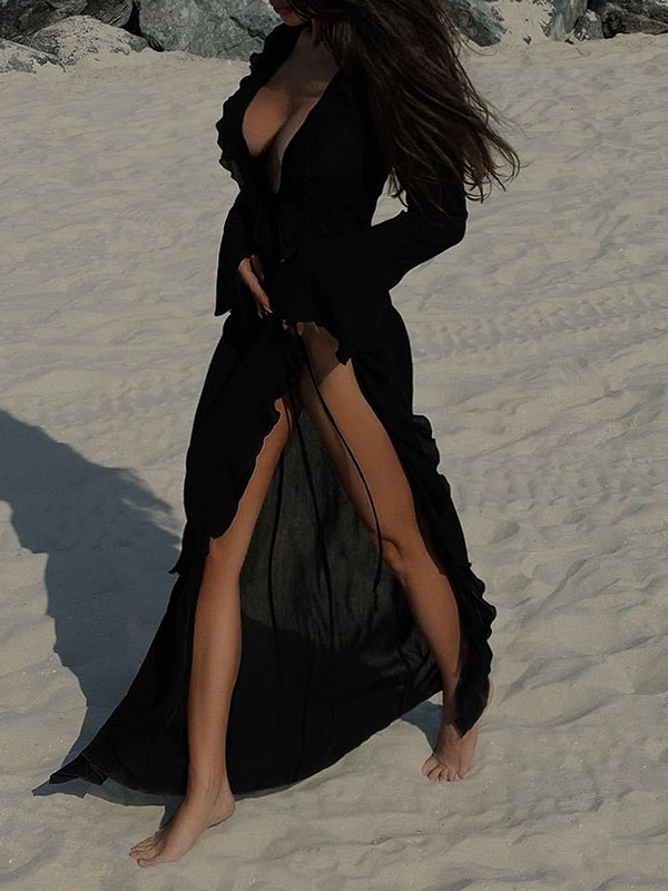 Solid Color Ruffled Long Sleeves Vacation Cover-Ups Maxi Dresses