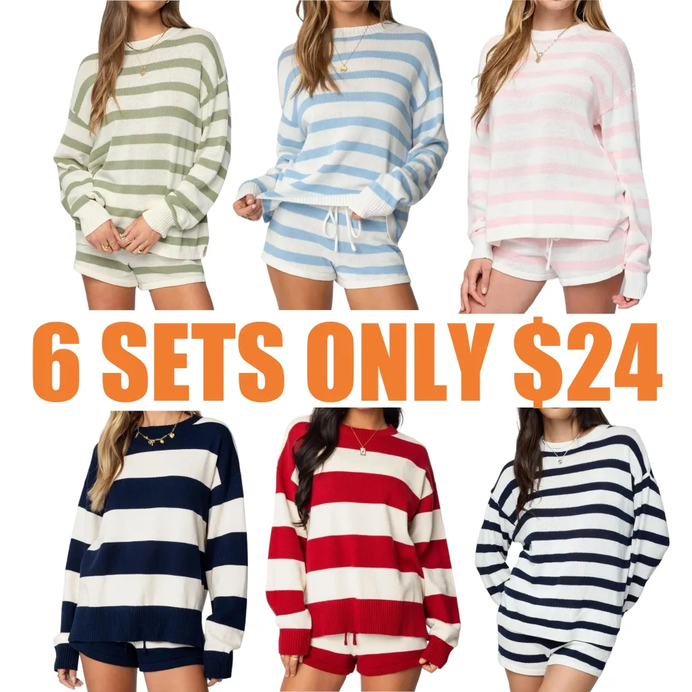 Women Striped Knit Sweater Set 2 Piece Outfit