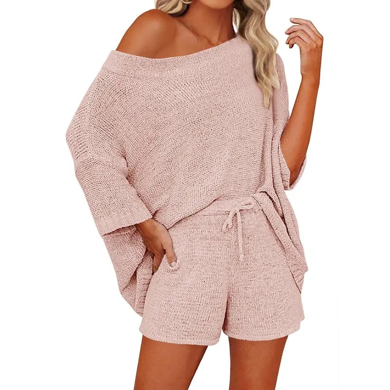 isace Women's 2 Piece Knit Lounge Set – Off-Shoulder Sweater Top and Shorts Matching Outfit, Cute and Comfy Pajama or Casual Wear
