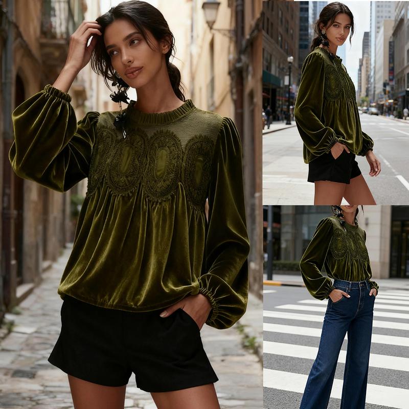 Women’s Elegant Velvet Lace Long Sleeve Blouse