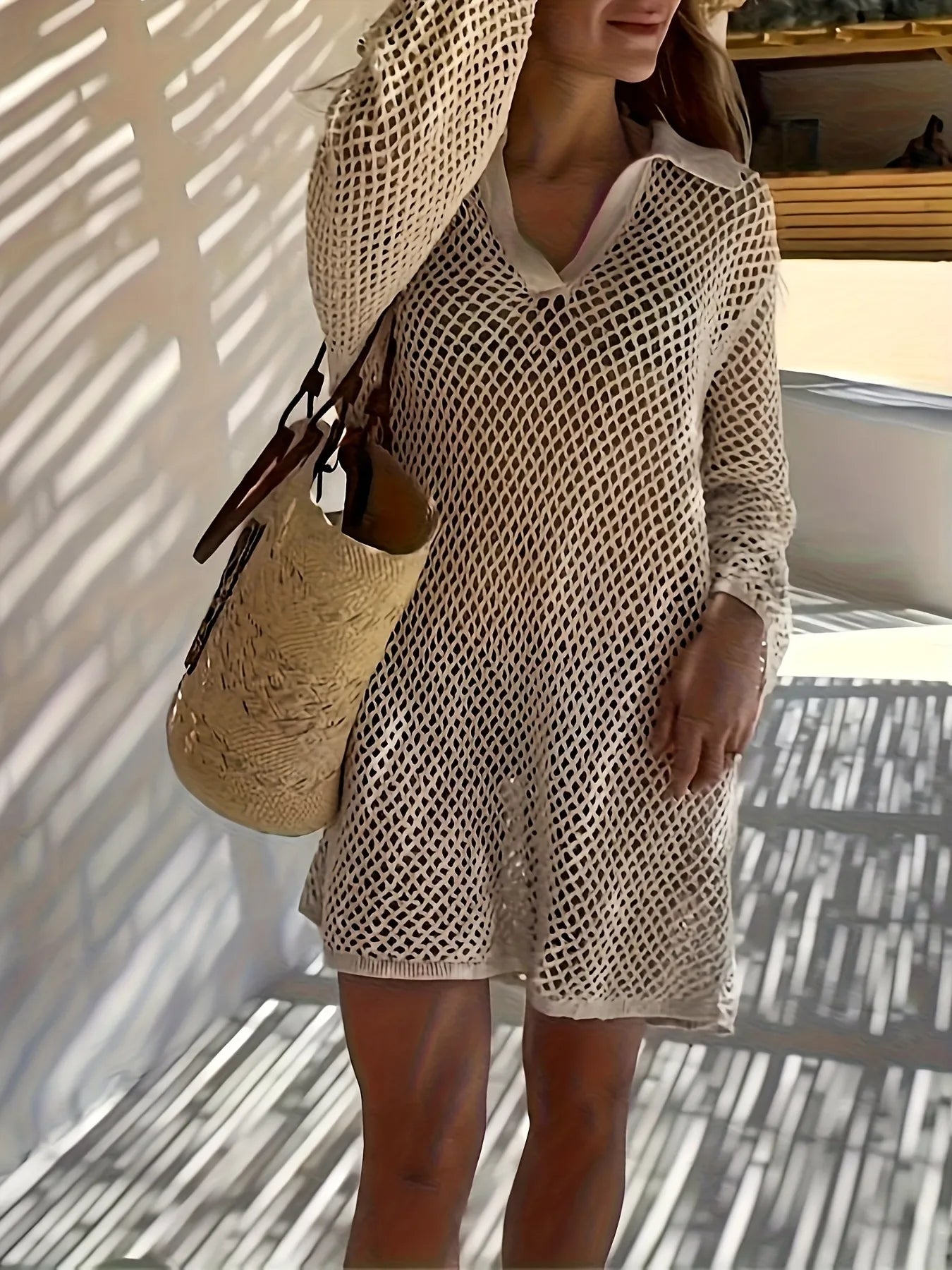 Collared Neck Long Sleeve Knit Cover Up Dress