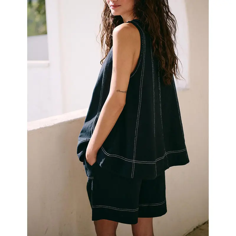 SCUSTY Women's 2-Piece Sleeveless Outfits SetA-Line Tank Tops Paired with High-Waist Shortswith Pockets