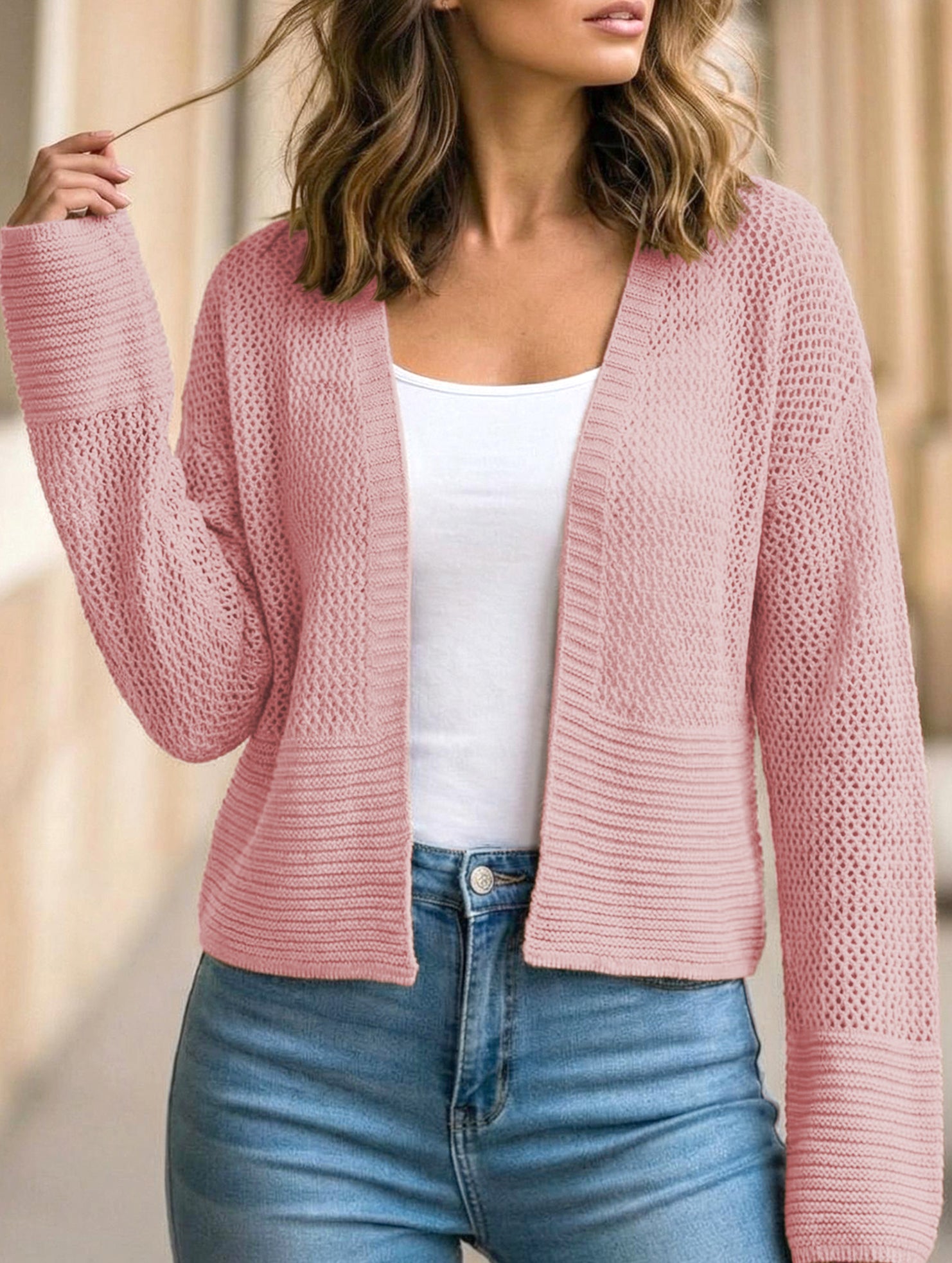 Hollow Knit Long Sleeve Cardigan Top