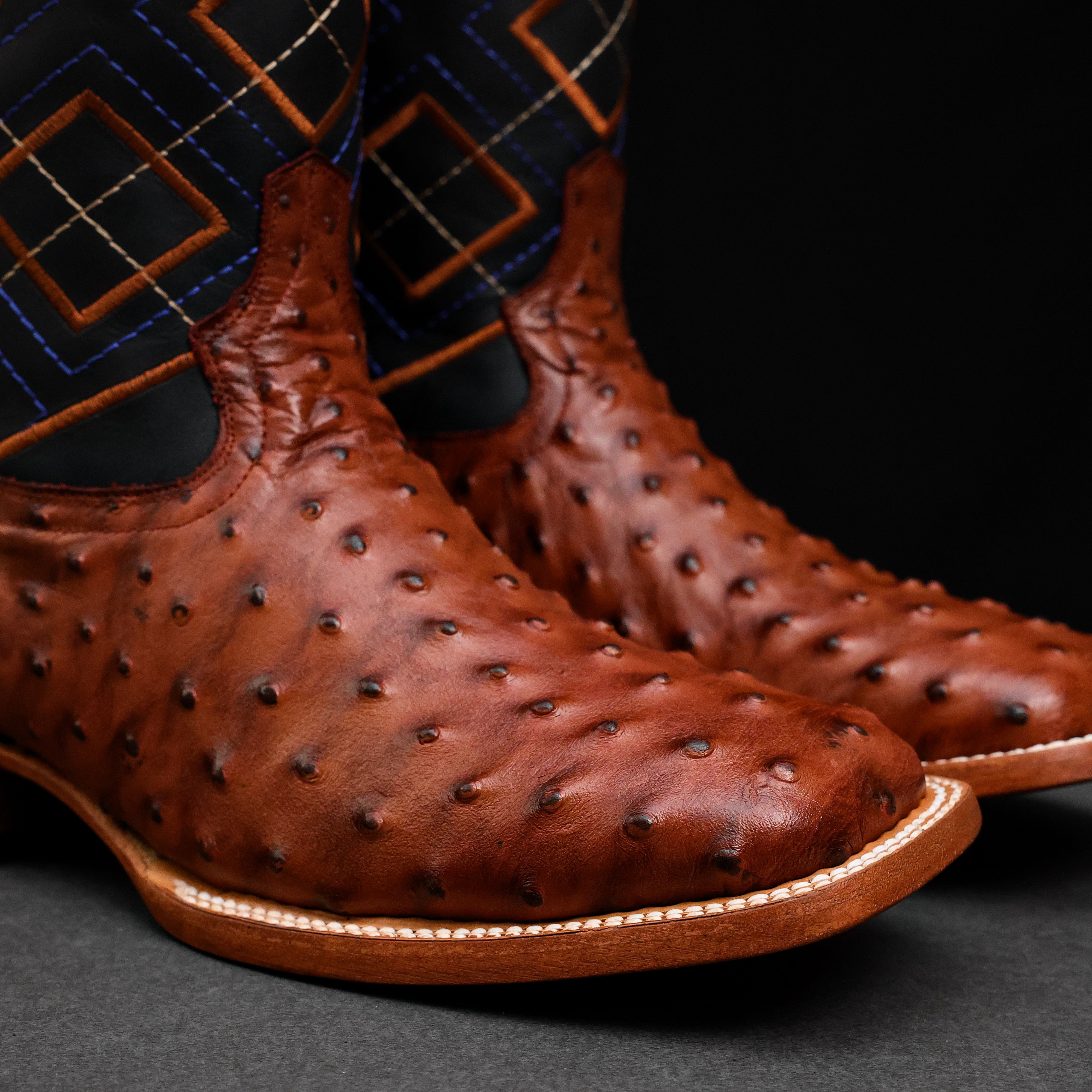 Cognac Ostrich Leather Boots - Square Toe