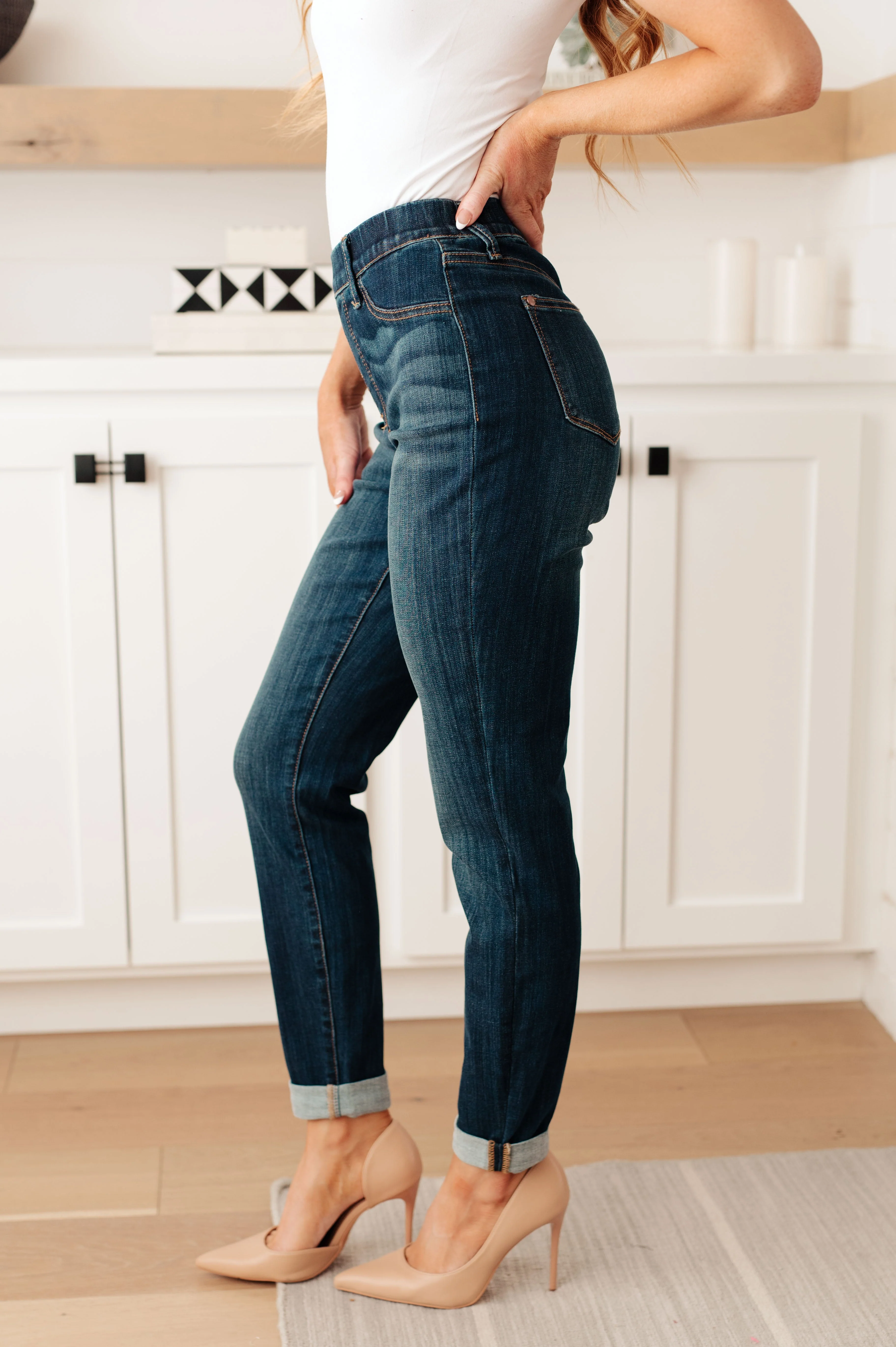 Blue Rowena High Rise Pull On Double Cuff Slim Jeans