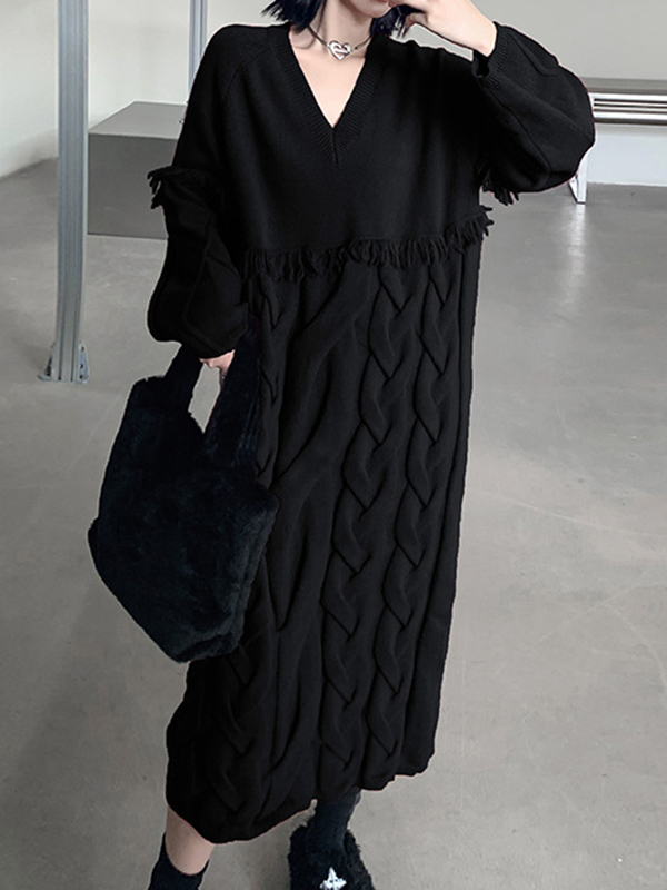 Solid Color Split-Joint Tasseled Long Sleeves Loose V-Neck Sweater Dresses Midi Dresses