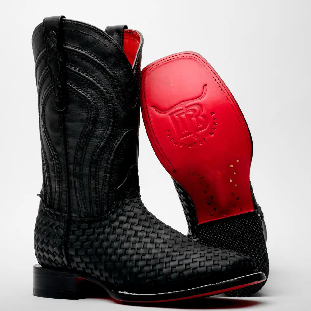 Black Basketweave Leather Boots - Square Toe