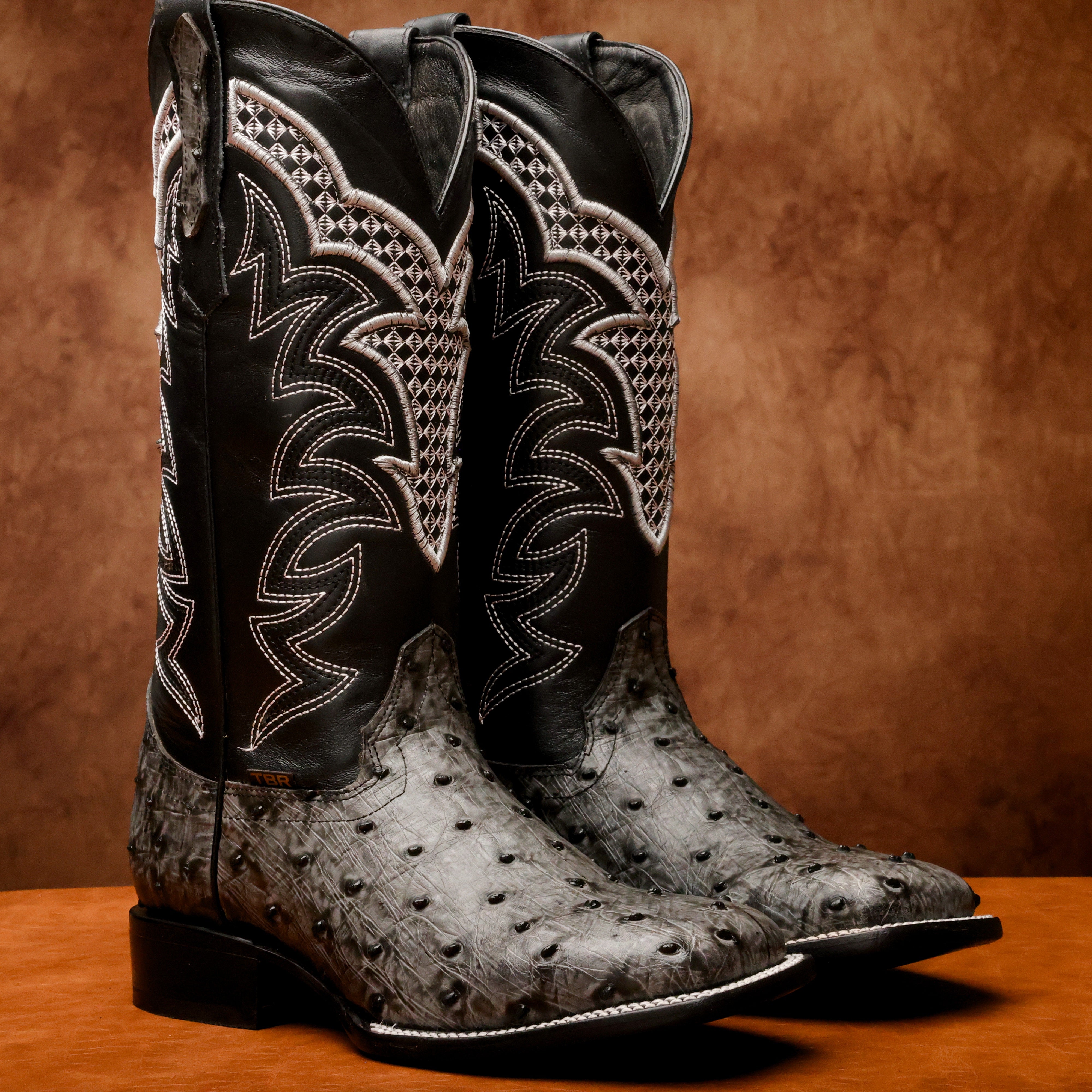 Grey Ostrich Leather Boots - Square Toe