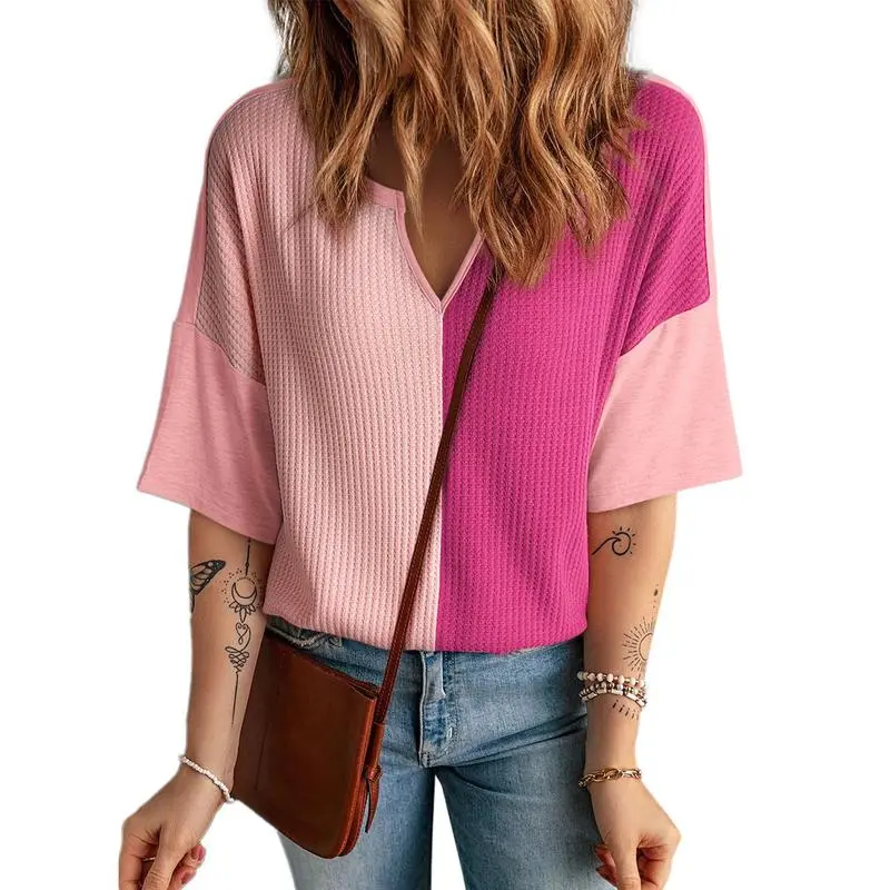 Womens Half Sleeve Waffle Knit Shirts V Neck Colorblock Blouses