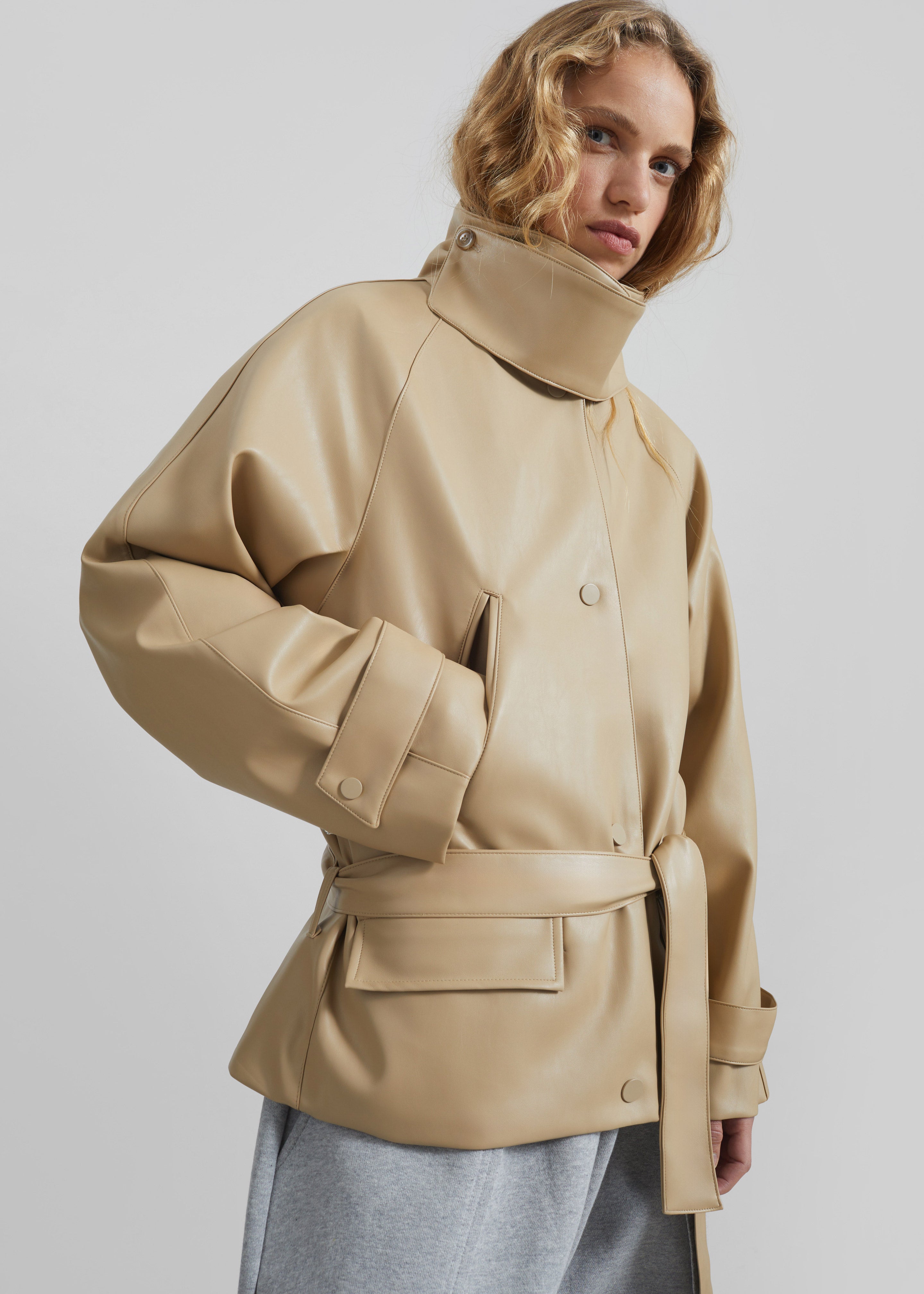 Viran Faux Leather Belted Jacket - Beige