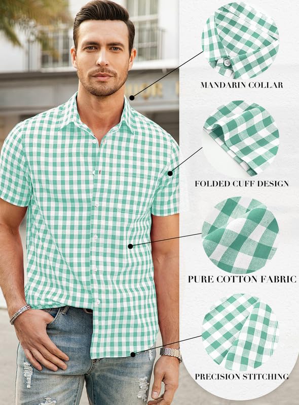 Mens Casual Button Down Shirts Short Sleeve 100% Cotton Plaid Shirts for Men
