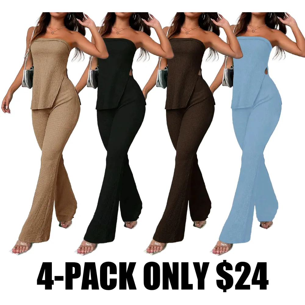 Women's 2-Piece Tube Top & High Waist Pants Set – Solid Color Strapless Summer Outfit