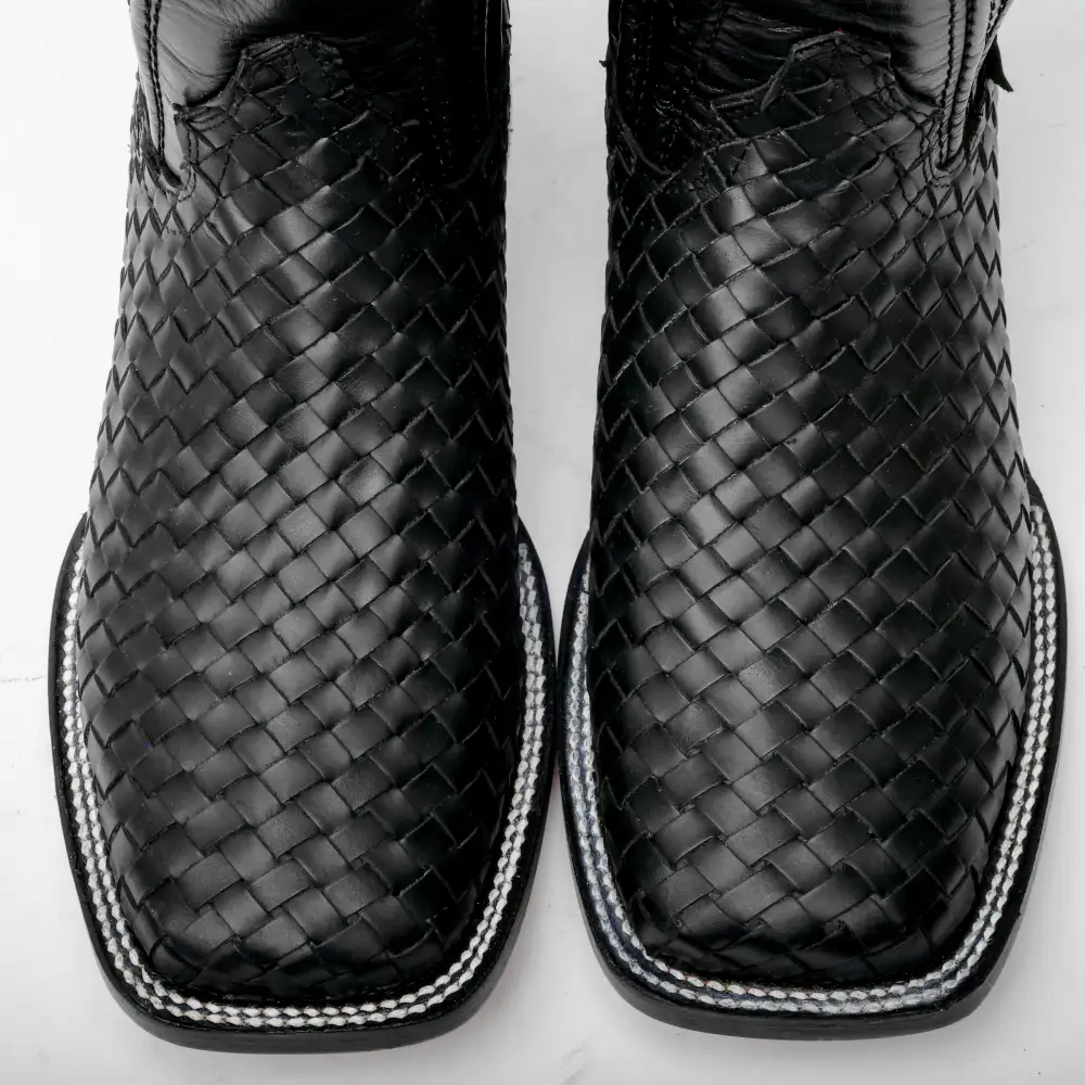 Black Basketweave Leather Boots - Square Toe