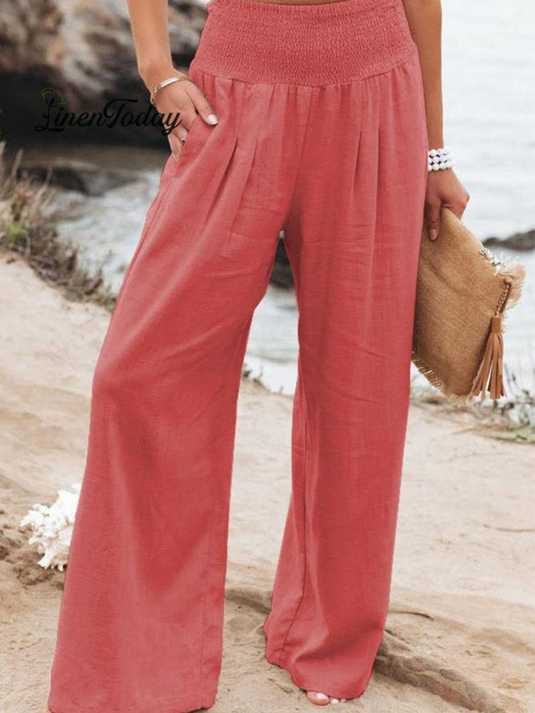 Women's Cotton and Linen Waist-waisted Wide-leg Pants