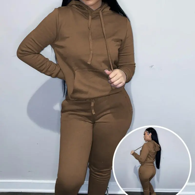 Women's Drawstring Hoodie & Pocket Sweatpants 2-Piece Warm Fleece Set