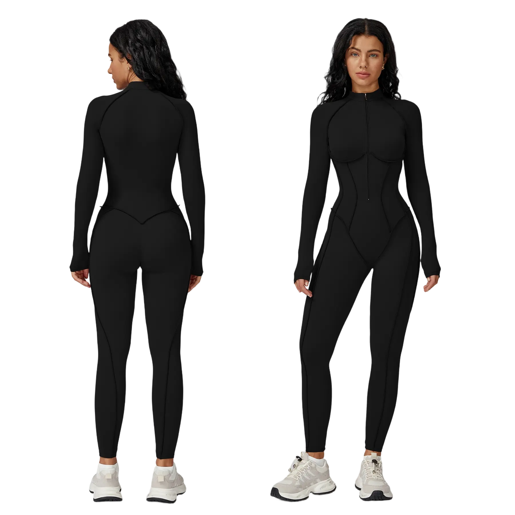 ✨ Women’s SculptFit Zip-Up Active Jumpsuit – Long Sleeve Tummy Control One-Piece