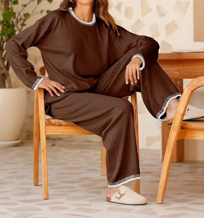 Chic Crew Neck Sweater & High Waist Loose Pants Casual Outfit