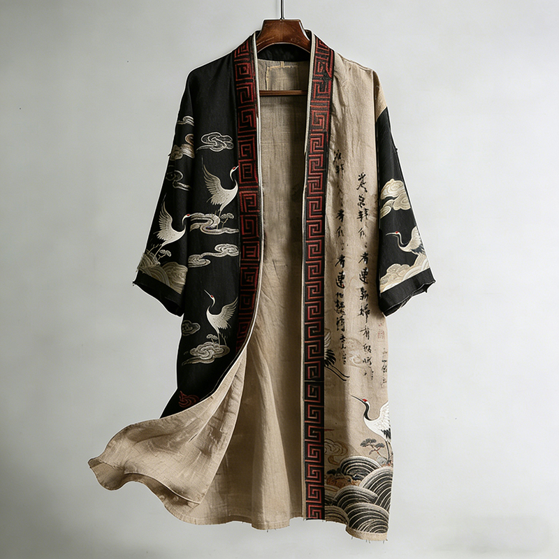 Japanese Calligraphy And Crane Art Combined In A Linen Blend Kimono