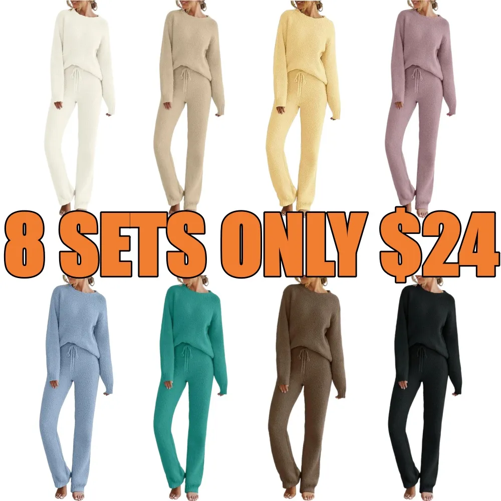 Women Fuzzy Fleece Long Sleeve Pajama Loungewear Set