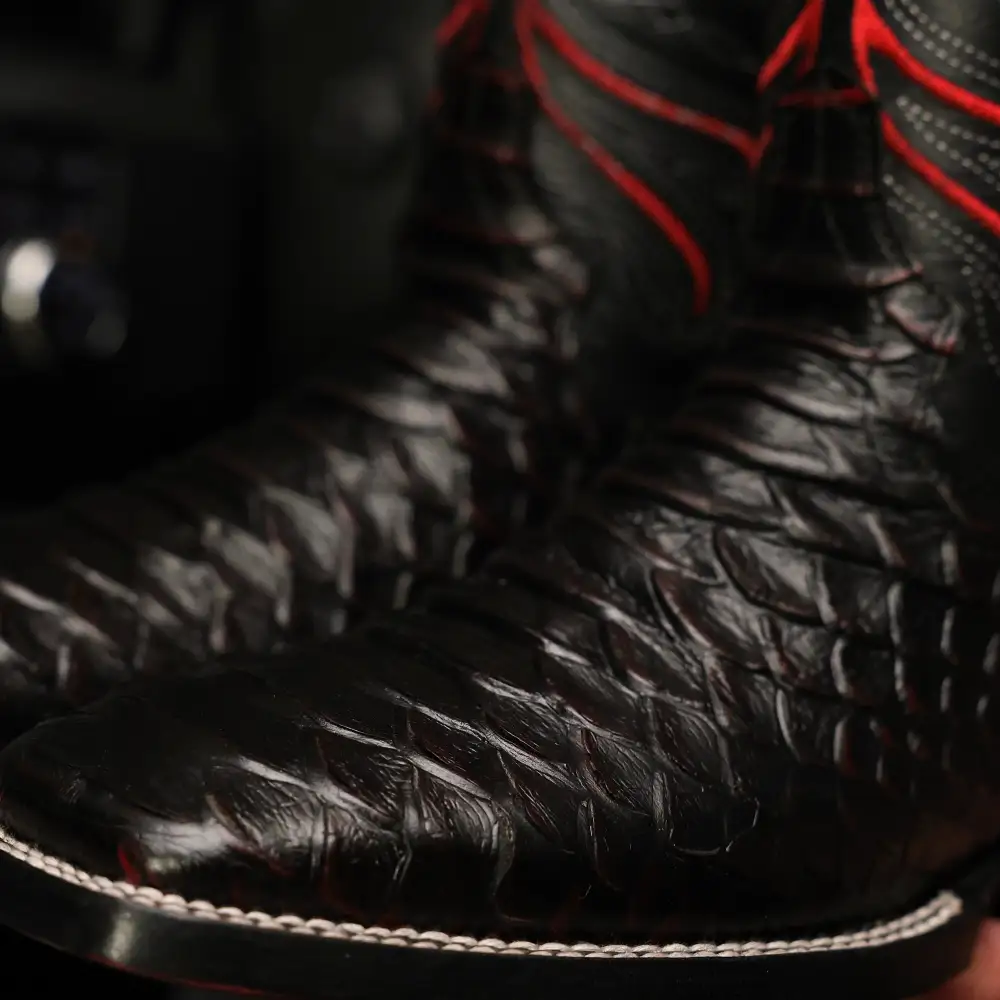 Black Cherry Anaconda Leather Boots - Square Toe
