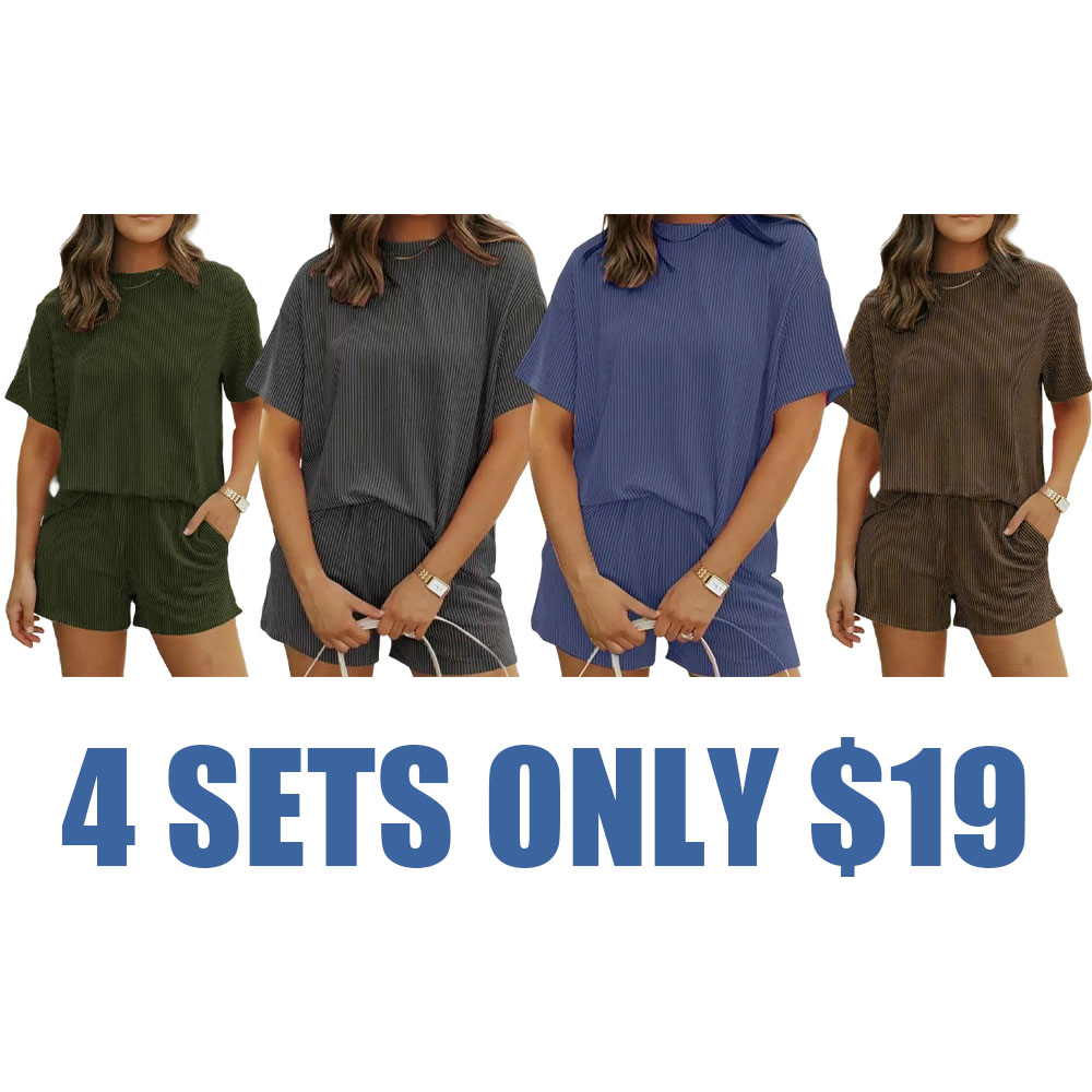 Women's Ribbed Textured Lounge Shorts Set with Pockets