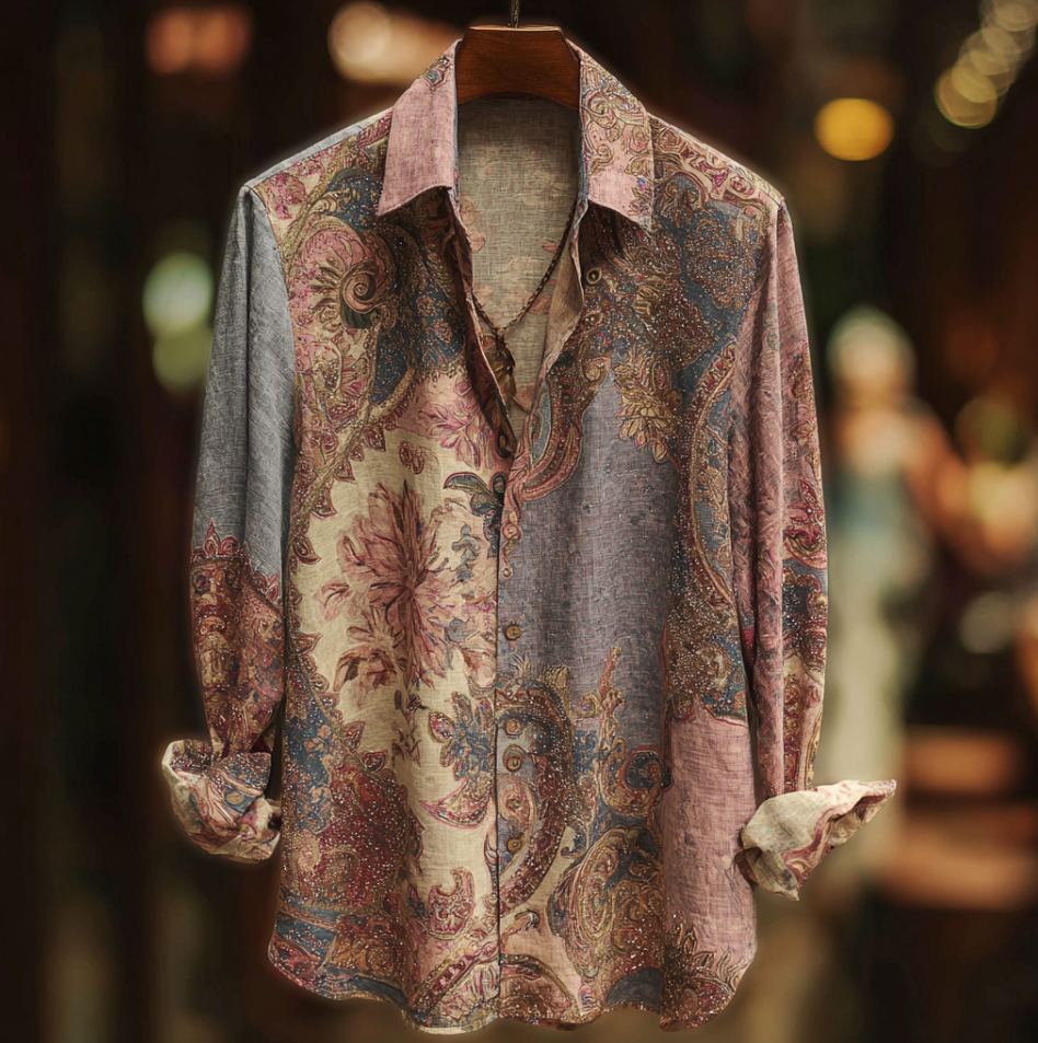 Bohemian Style Plant And Flower Pattern Men's Retro Cotton And Linen  Shirt