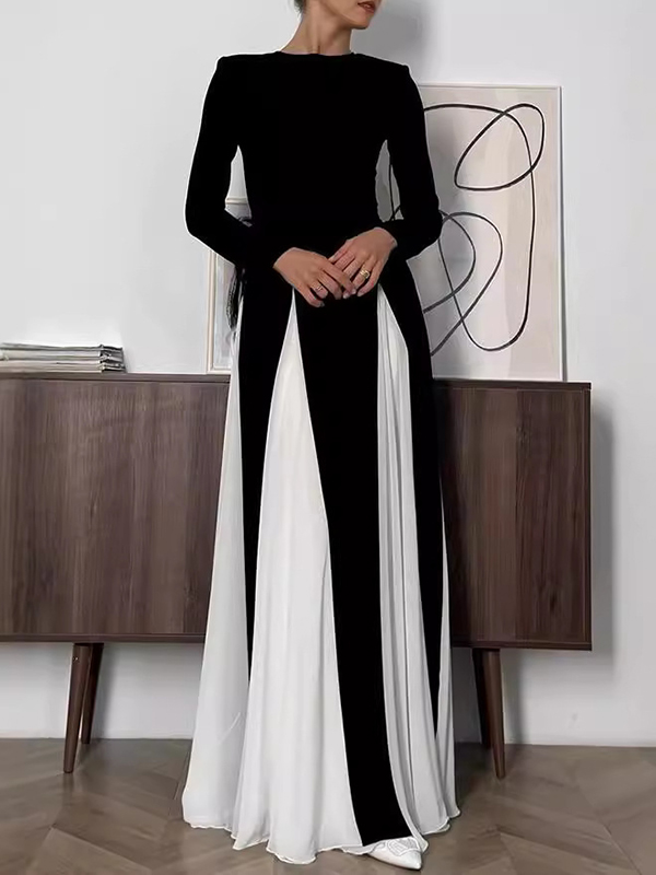Contrast Color Elasticity Pleated Split-Joint A-Line Long Sleeves Round-Neck Maxi Dresses Evening Dresses