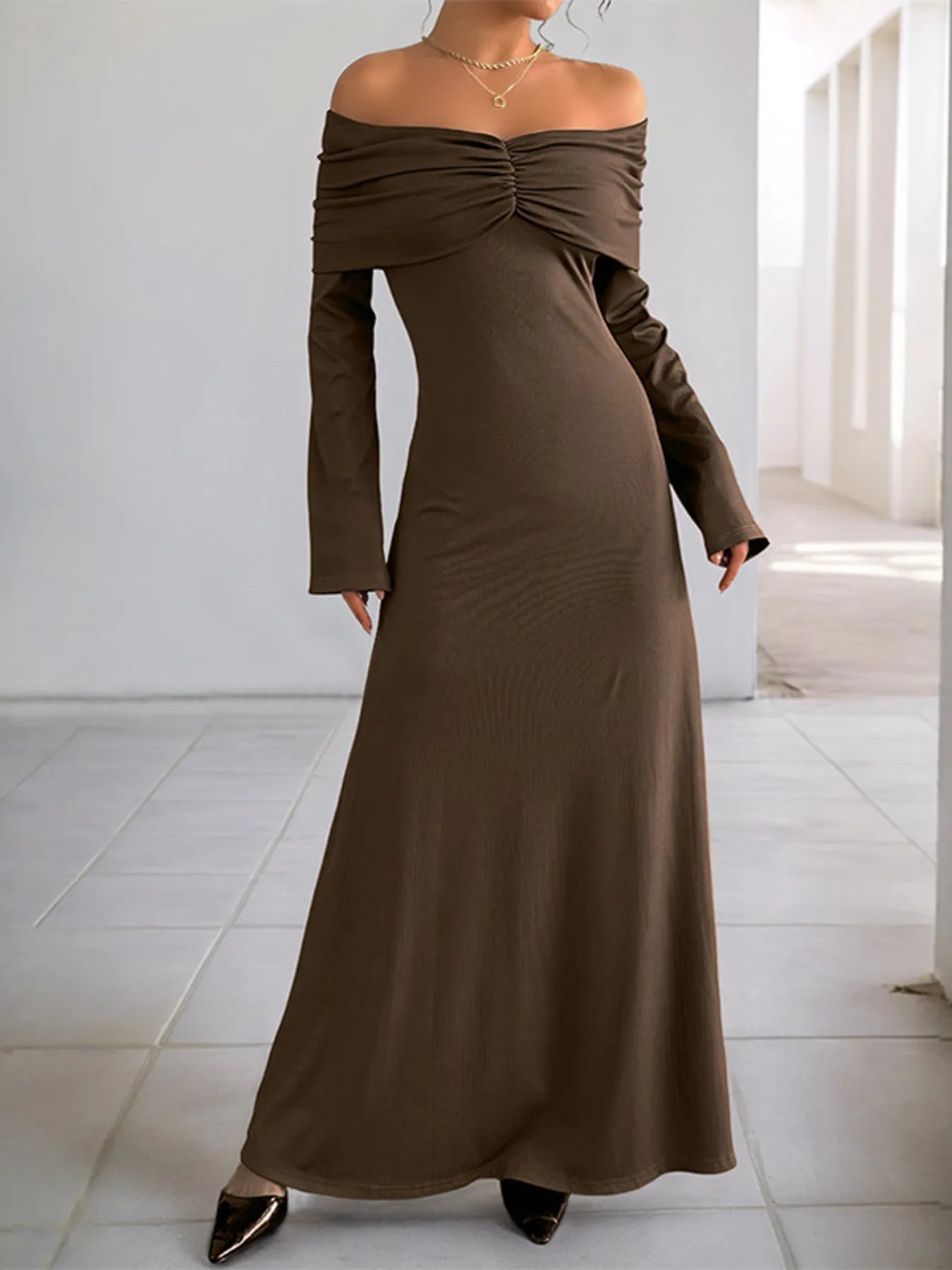 Off-Shoulder Long Sleeve Bodycon Maxi Dress