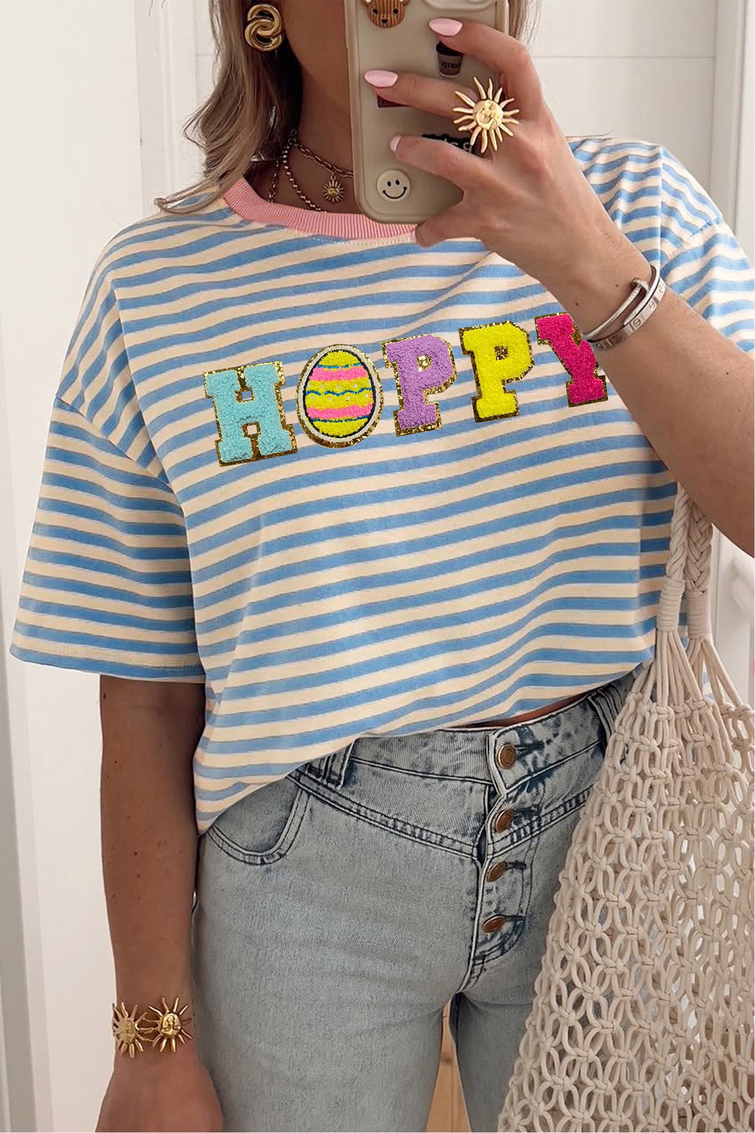 Sky Blue Stripe Hoppy Chenille Patched Graphic Crew Neck Tee