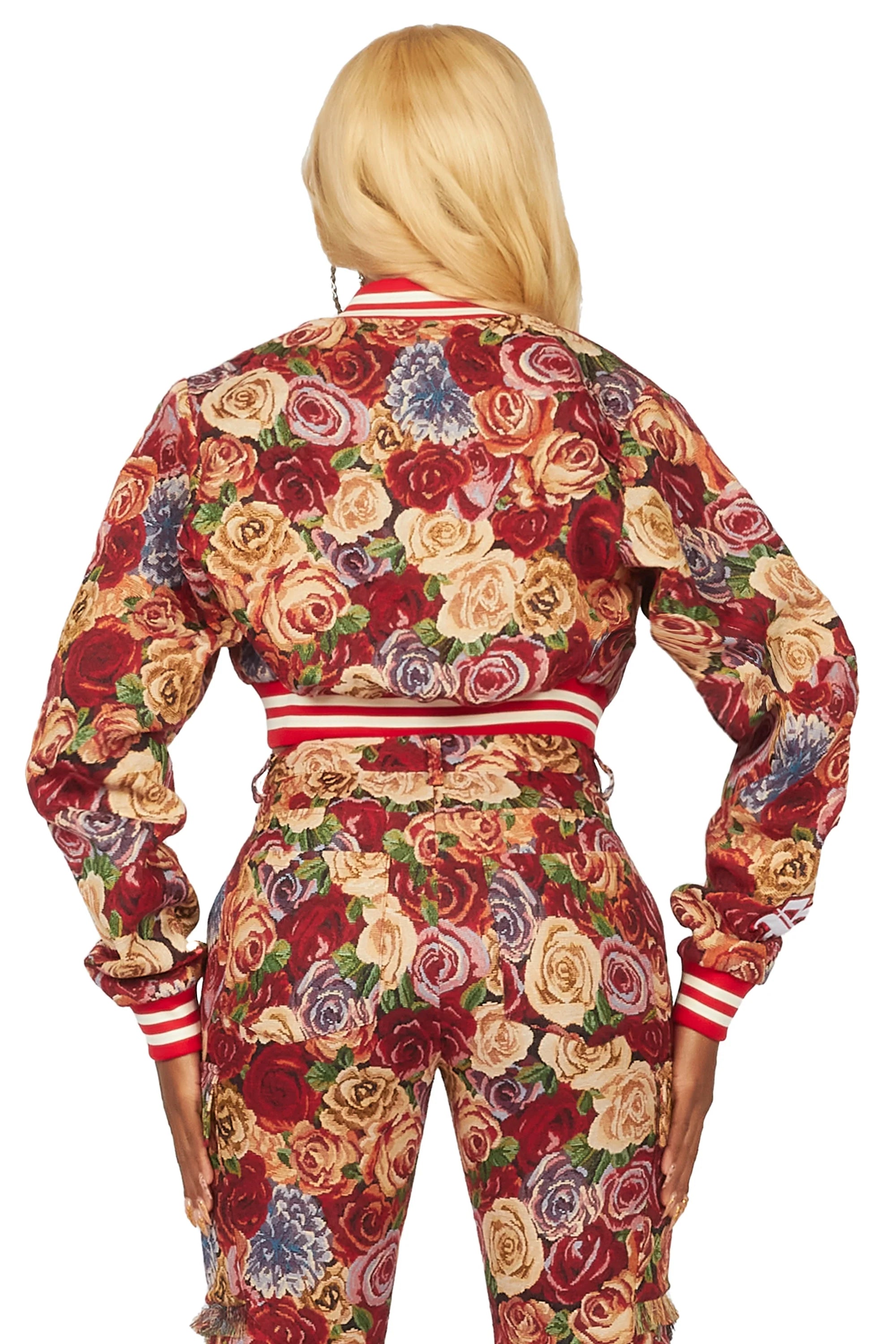 Darresha Red Crop Tapestry Varsity Jacket