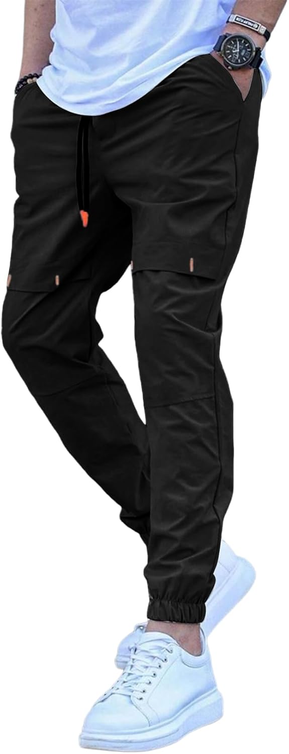 Mens Casual Basic Pants Multi-pocket Slim-fit Stretch Elastic Waist Drawstring Pants Tapered for Men