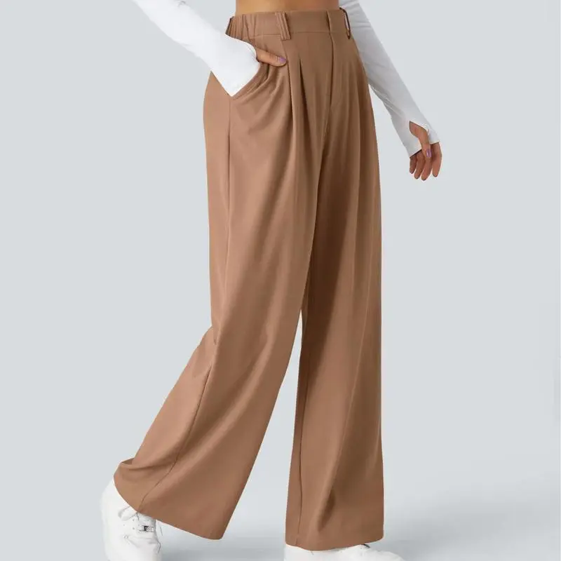 High Waisted Plicated Side Pocket Wide Waffle Work Pants