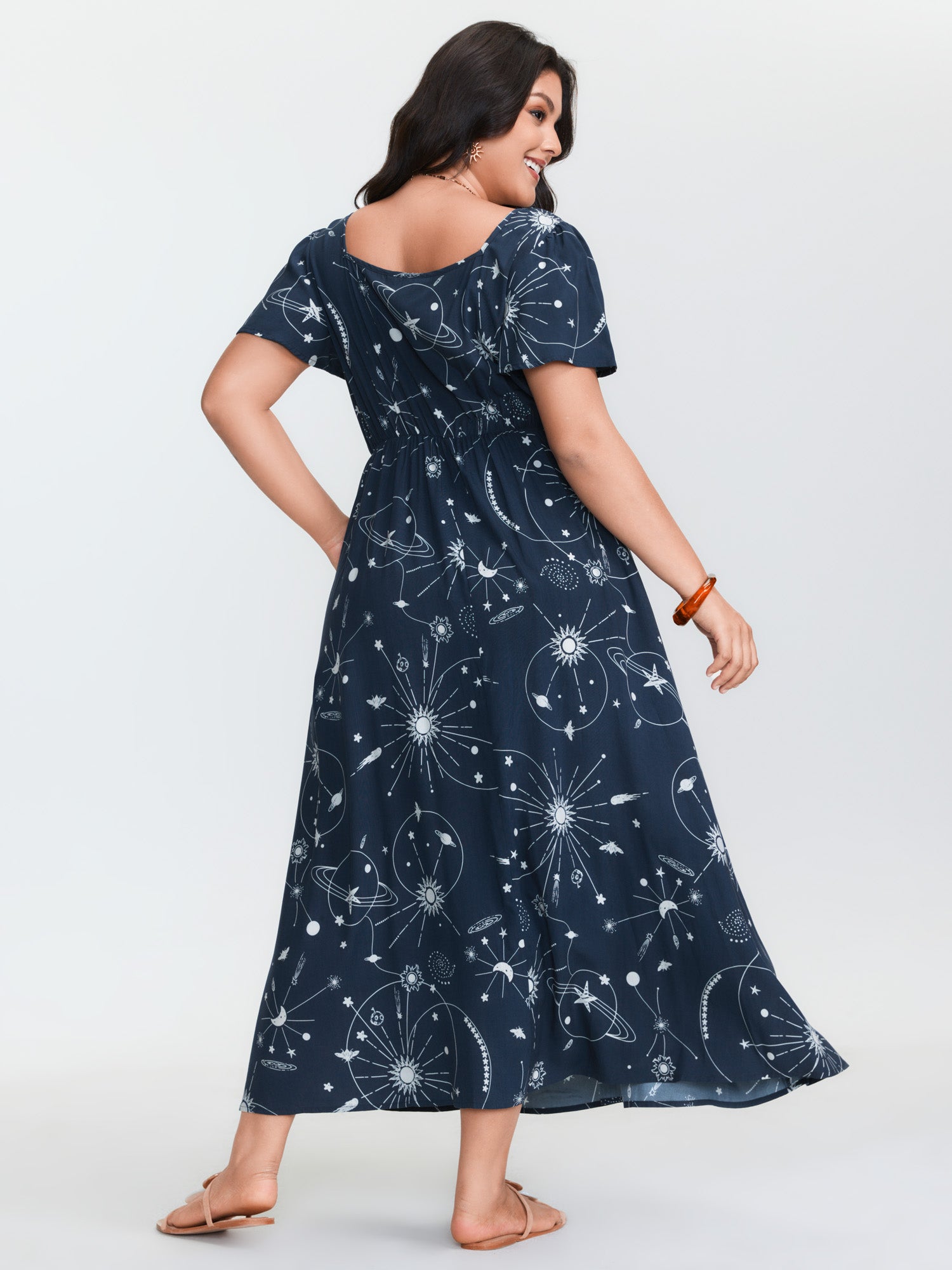 Galaxy Print Lotus Leaf Sleeve Maxi Dress