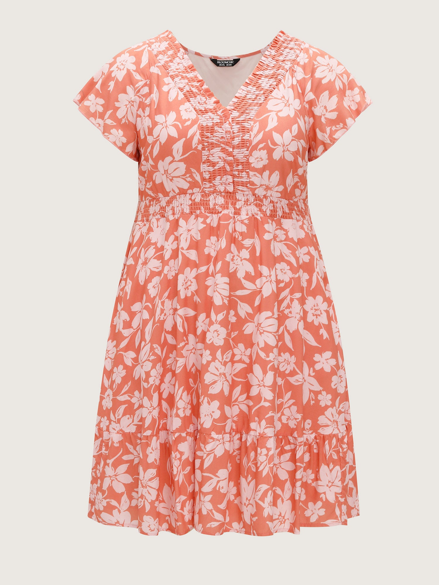 Large Floral Print Shirred Neckline Mini Dress