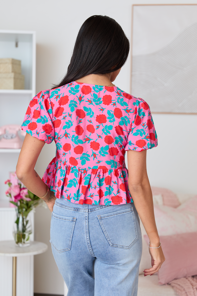 Mila Pink And Red Floral Tie Front Flounce Woven Blouse