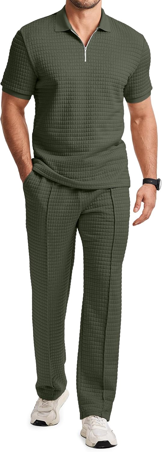 Mens Summer 2 Piece Outfits Short Sets Beach Waffle 1/4 Zip Polo Shirts Casual Loose Pant Loungewear