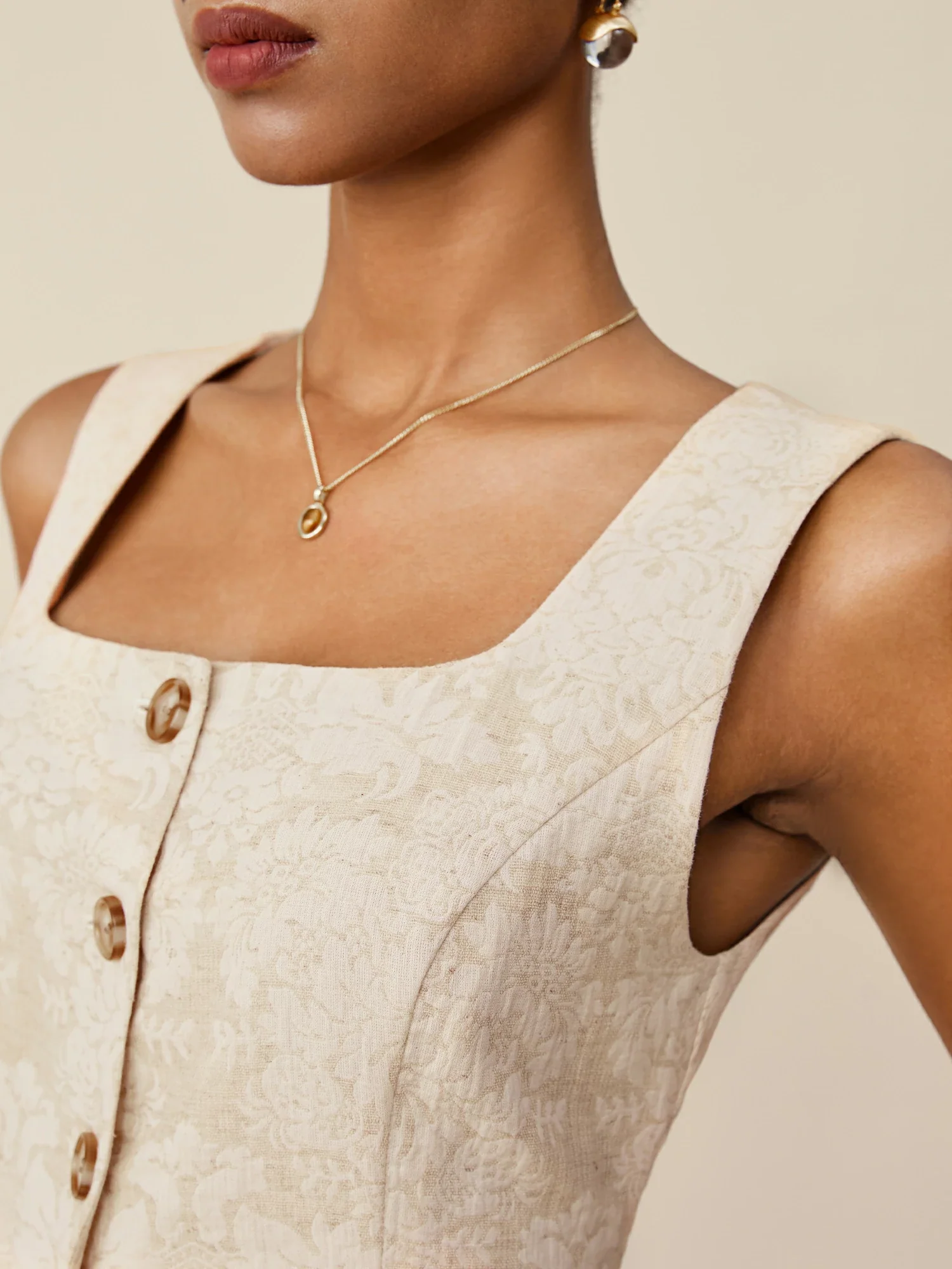 Cotton & Linen Square Collar Jacquard Vest