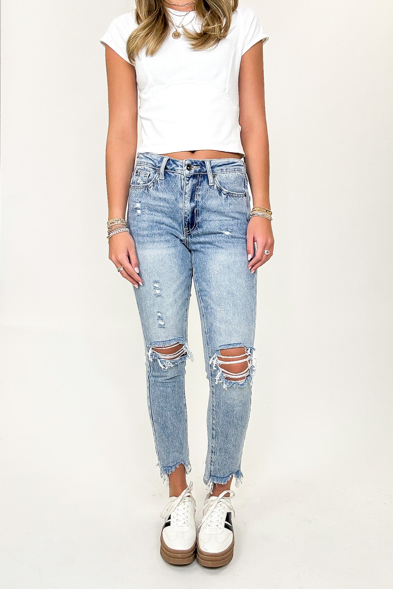 High Rise Distressed Relaxed Straight Pants