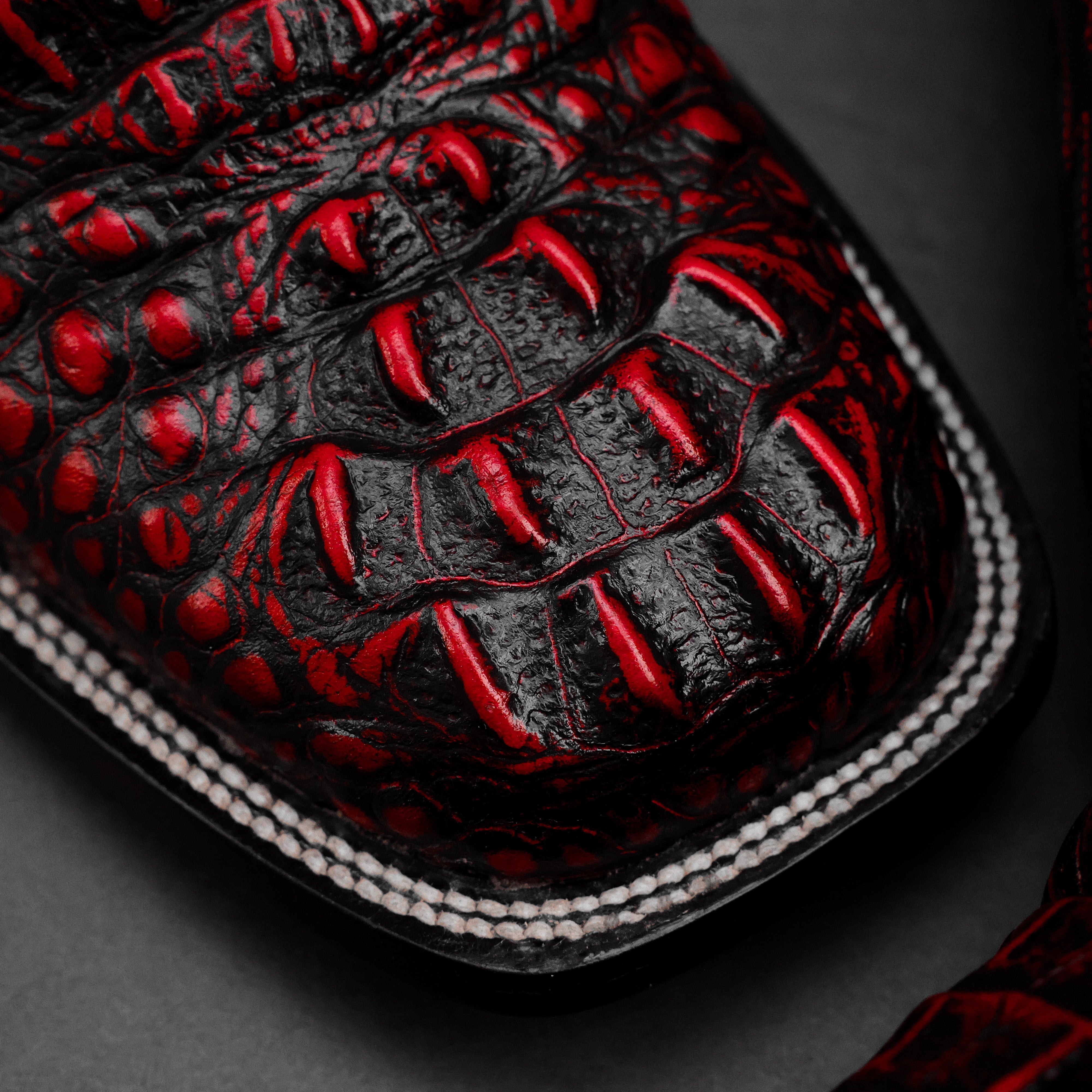 Black/Red Caiman Neck Leather Boots - Square Toe