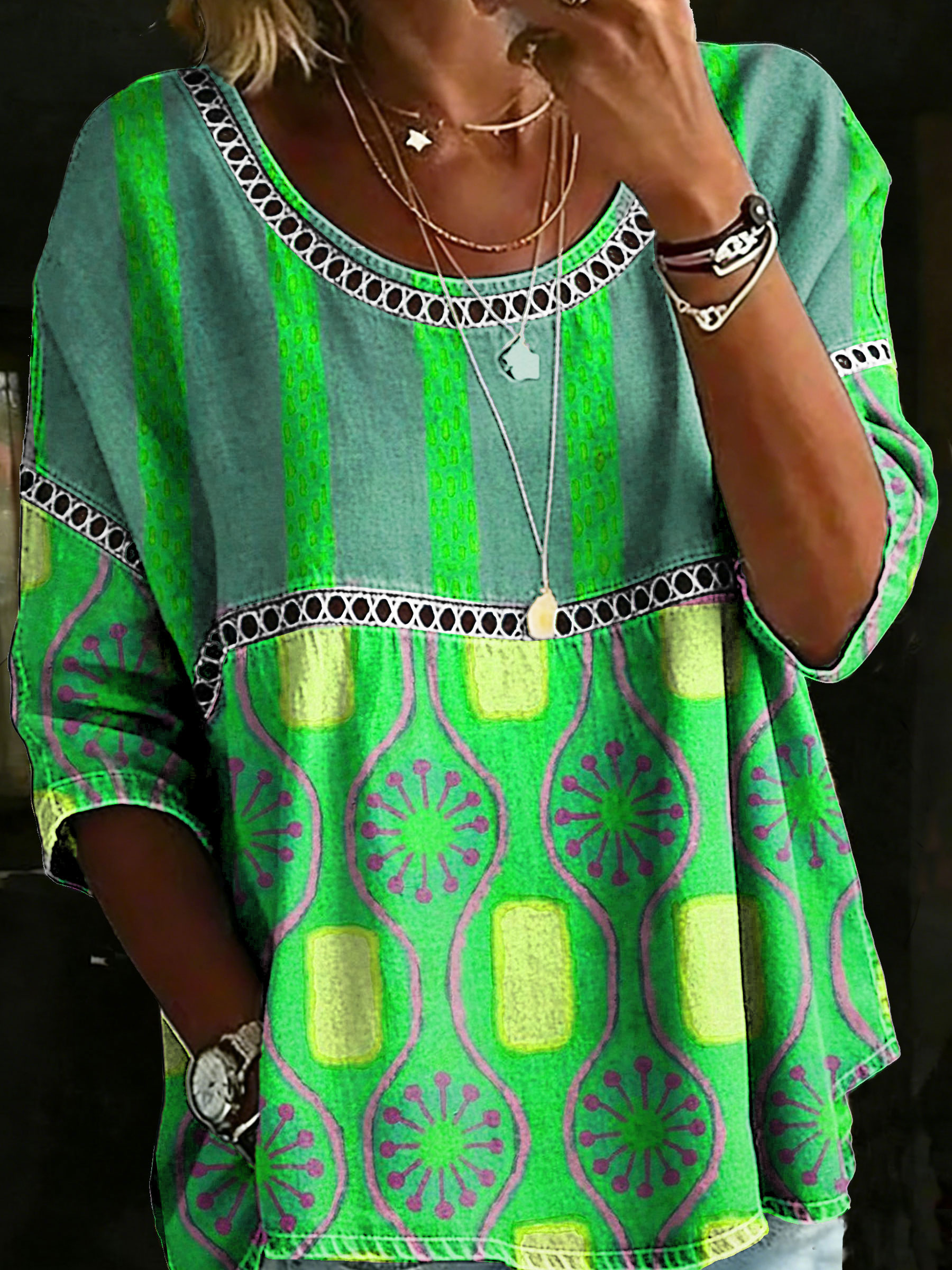 Women's Vintage Abstrct Casual Loose Denim Blouse Shirt