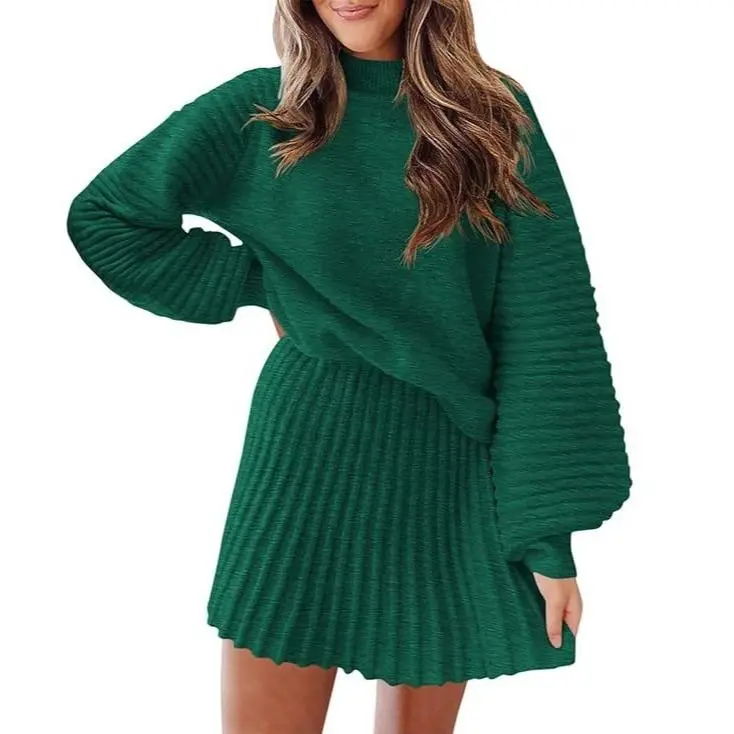 Women's 2 Piece Outfits 2025 Long Sleeve Mock Neck Ribbed Sweaters And Mini Skirt Two Piece Sets