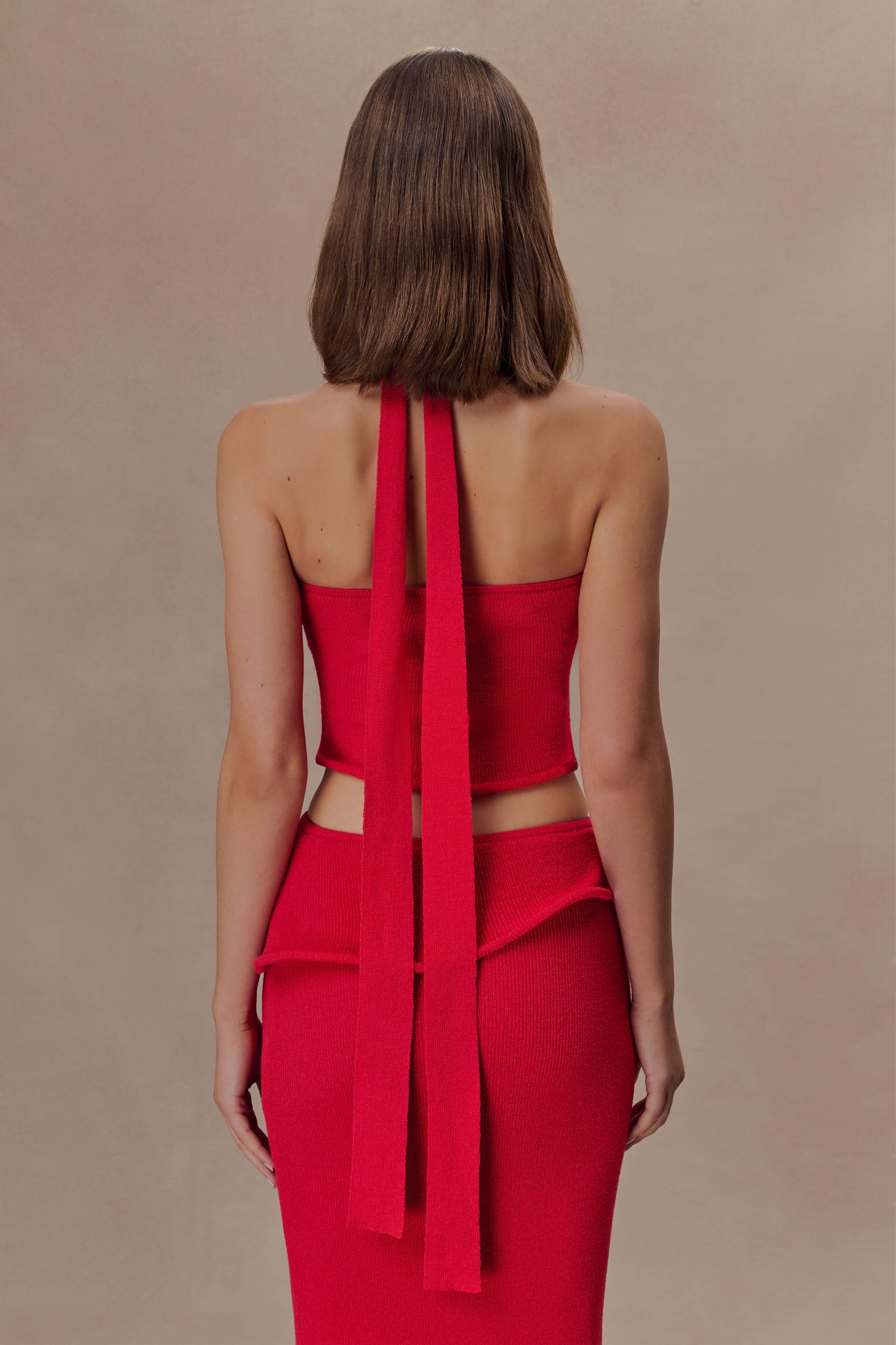 Red Halter Knit Twist Top