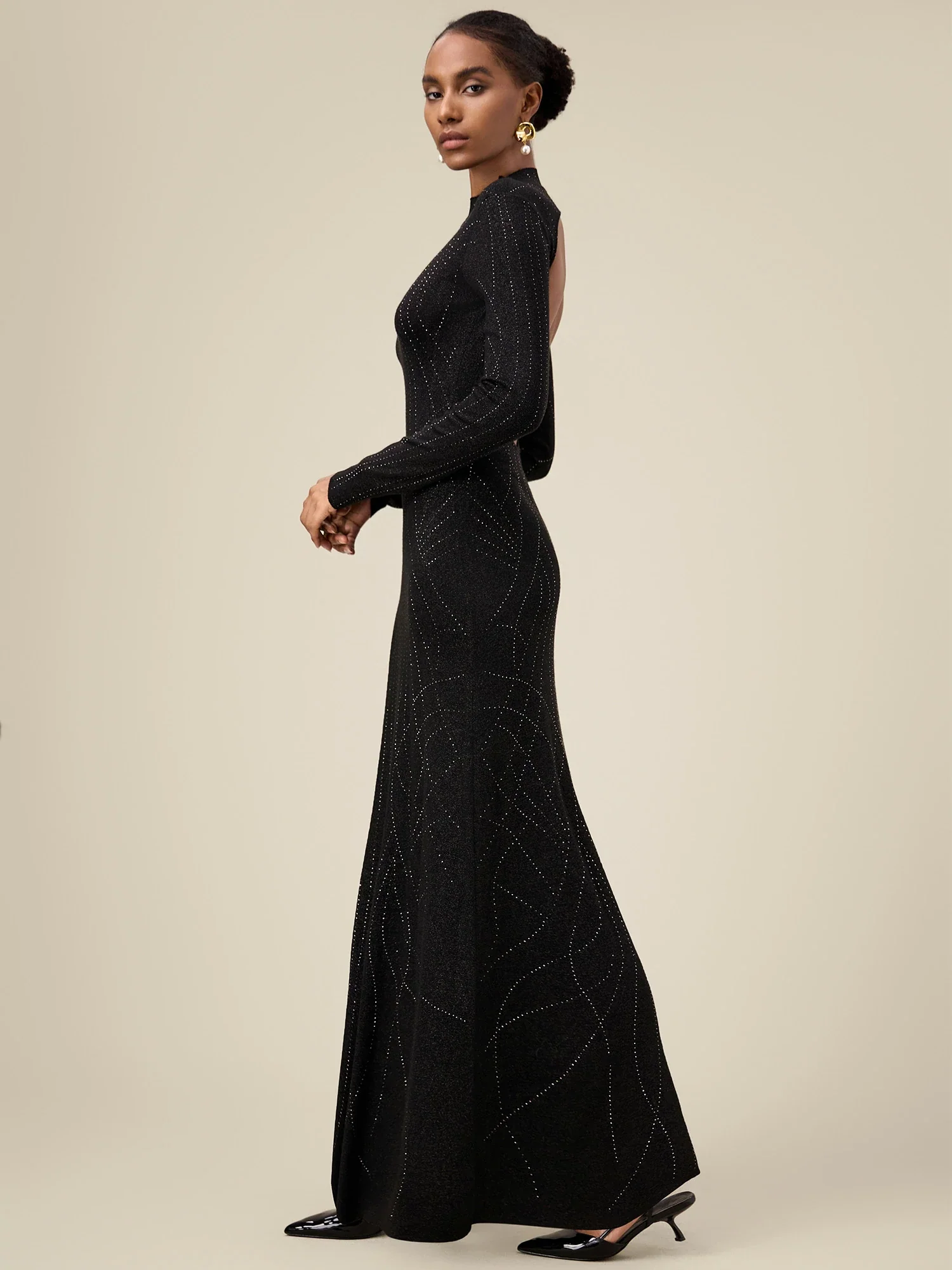 Wool Mock Neck Rhinestone Backless Knit Dress