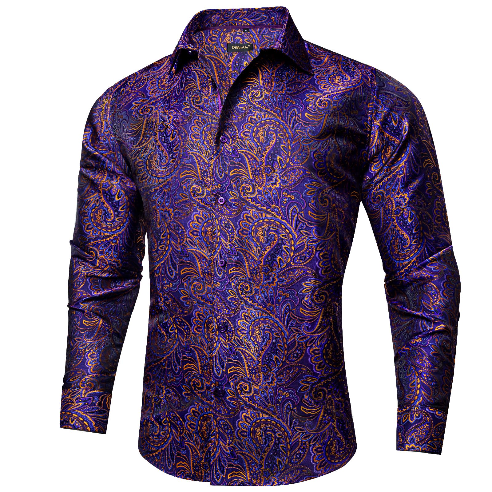 Men's Paisley Dress Shirt Long Sleeve Wrinkle Free Button Down Cowboy Shirts - Purple&gold&paisley