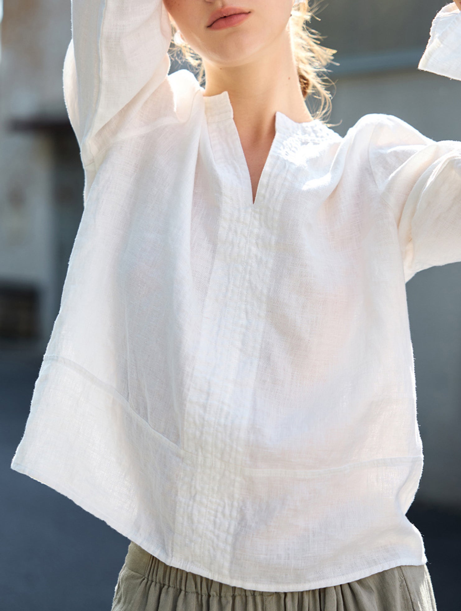 Pure Linen V Neck Long Sleeve Work Tee_CWTBLL02353