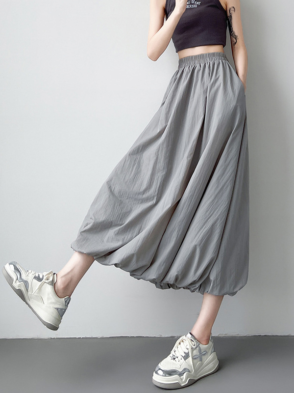 Elasticity Pleated Pockets Solid Color A-Line Loose Skirts Bottoms
