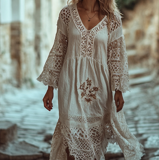 Vintage Loose Linen Patchwork Dress e954